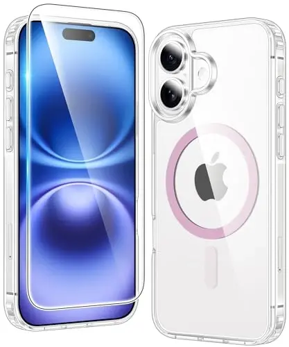 FNTCASE for iPhone 16 Case Clear: Magnetic Phone Cases Compatible with Magsafe Slim Anti Yellowing Military Grade Drop Protection Rugged Shockproof Protective Transparent Cell Cover (D-Pink) 