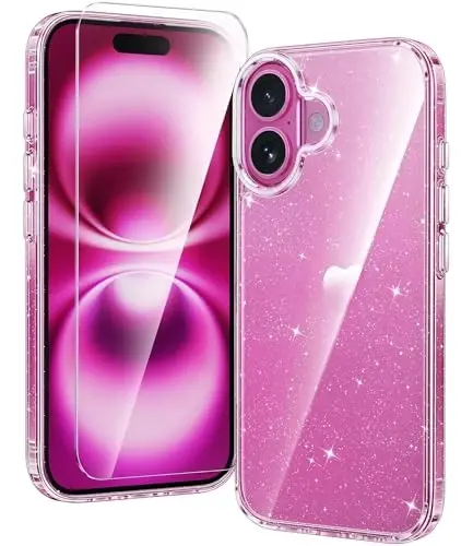 FNTCASE for iPhone 16 Case: Clear Military Grade Drop Protection Anti Yellowing Slim Case - Rugged Shockproof Protective Transparent Cell Phone Cover (D-Glitter) 