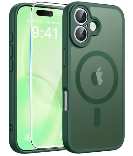 FNTCASE for iPhone 16 Case: [Compatible with Magsafe] Translucent Matte Cases with [Full Camera Protection] [Screen Protector] Military Grade Shockproof Protective Phone Cover - Green - 1