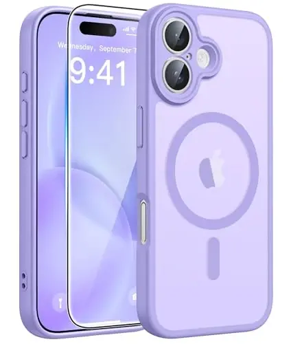 FNTCASE for iPhone 16 Case: [Compatible with Magsafe] Translucent Matte Cases with [Full Camera Protection] [Screen Protector] Military Grade Shockproof Protective Phone Cover - Light Purple 