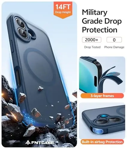 FNTCASE for iPhone 16 Case [Compatible with Magsafe] Translucent Matte Cases with [Screen Protector] Military Grade Shockproof Protective Phone Cover - Blue - 5
