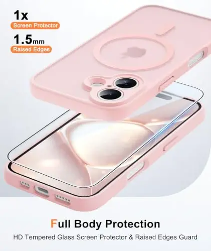 FNTCASE for iPhone 16 Case Fit for MagSafe Light Pink | Translucent Magnetic Slim Shockproof Protective Cover with Screen Protector, Military Grade Drop Protection - 6