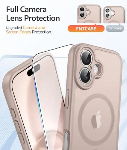 FNTCASE for iPhone 16 Case: [Magsafe bilan mos keladi] [To'liq Kamera Himoyasi] [Ekran Himoyachisi] Harbiy Darajadagi Zarbga Chidamli Himoya Telefon Qopqog'i - Cho'l Oltini - 4