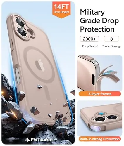 FNTCASE for iPhone 16 Case: [Magsafe bilan mos keladi] [To'liq Kamera Himoyasi] [Ekran Himoyachisi] Harbiy Darajadagi Zarbga Chidamli Himoya Telefon Qopqog'i - Cho'l Oltini - 5
