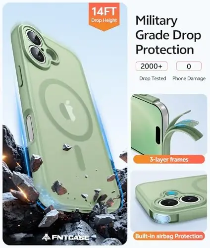 FNTCASE for iPhone 16 Case: [Magsafe bilan mos keladi] [To'liq kamera muhofazasi] [Ekran himoyachisi] mat shaffof g'iloflar, harbiy darajadagi zarbaga chidamli himoya telefon qopqog'i - Och mox yashil - 5