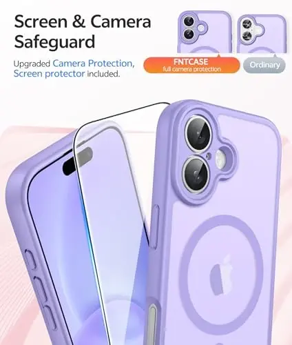 FNTCASE for iPhone 16 Case: [MagSafe bilan mos] [To'liq Kamera Himoyasi] [Ekran Himoyasi] Shaffof Mat G‘iloflar Harbiy Darajadagi Zarbga Chidamli Himoya Telefon Qopqog‘i - Och Binafsha - 4