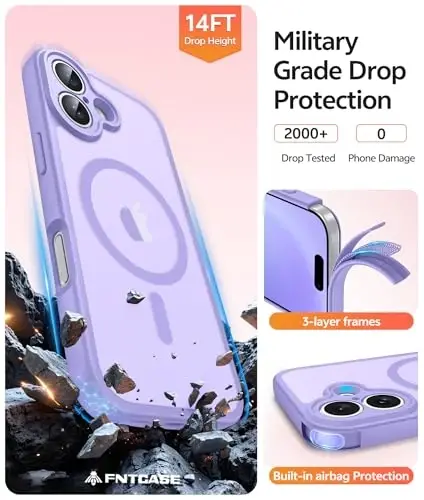FNTCASE for iPhone 16 Case: [MagSafe bilan mos] [To'liq Kamera Himoyasi] [Ekran Himoyasi] Shaffof Mat G‘iloflar Harbiy Darajadagi Zarbga Chidamli Himoya Telefon Qopqog‘i - Och Binafsha - 5