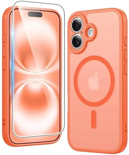 FNTCASE for iPhone 16 Case Matte: Magnetic Phone Cases with Screen Protector Drop Proof Compatible with Magsafe Slim Anti Yellowing Rugged Shockproof Protective Translucent Cell Cover (C-Orange) 