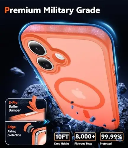 FNTCASE for iPhone 16 Case Matte: Magnetic Phone Cases with Screen Protector Drop Proof Compatible with Magsafe Slim Anti Yellowing Rugged Shockproof Protective Translucent Cell Cover (C-Orange) - 6