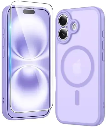 FNTCASE for iPhone 16 Case Matte: Magnetic Translucent Phone Cases with Screen Protector and Lens Protection Durable Textured Rugged Shockproof Protective Slim Cell Cover 6.1 inch (C-Purple) - 1