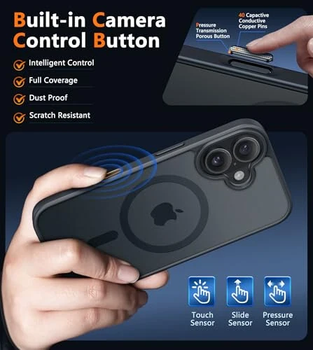 FNTCASE for iPhone 16 Case: Supports Camera Control Capture, Magnetic Matte Translucent Phone Case - Military Grade Drop-Proof Shockproof Slim Rugged Protective Cover (Black/Camera Control) - 3