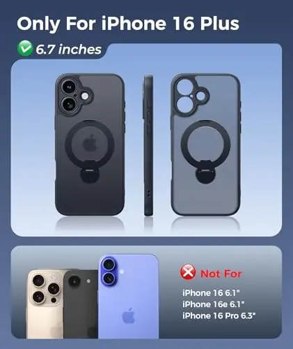 FNTCASE for iPhone 16 Plus Case: [360 Spin Magnetic Stand] [Compatible with Magsafe] [Screen Protector] Translucent Matte Military Grade Shockproof Full Camera Protective Phone Cover - Black - 2