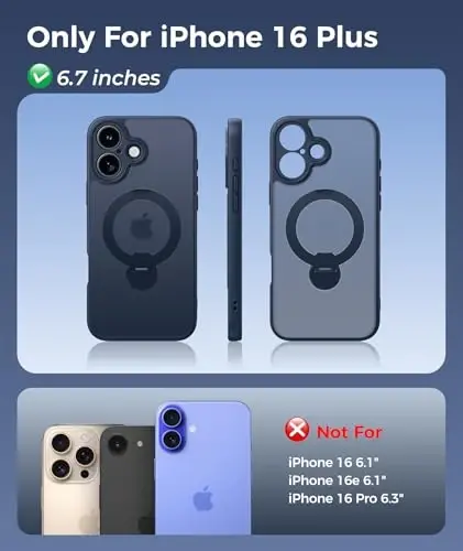 FNTCASE for iPhone 16 Plus Case: [360 Spin Magnetic Stand] [Compatible with Magsafe] [Screen Protector] Translucent Matte Military Grade Shockproof Full Camera Protective Phone Cover - Deep Blue - 2