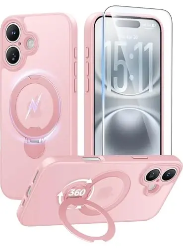 FNTCASE for iPhone 16 Plus Case: [360 Spin Magnetic Stand] [Compatible with Magsafe] [Screen Protector] Translucent Matte Military Grade Shockproof Full Camera Protective Phone Cover - Pink 