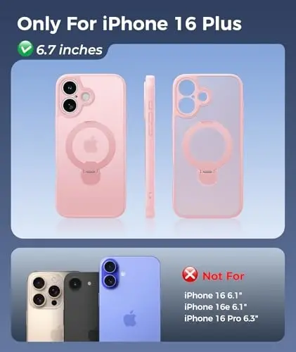 FNTCASE for iPhone 16 Plus Case: [360 Spin Magnetic Stand] [Compatible with Magsafe] [Screen Protector] Translucent Matte Military Grade Shockproof Full Camera Protective Phone Cover - Pink - FNTCASE (1)