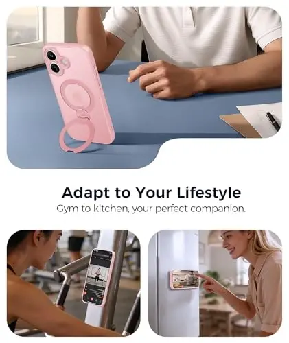FNTCASE for iPhone 16 Plus Case: [360 Spin Magnetic Stand] [Compatible with Magsafe] [Screen Protector] Translucent Matte Military Grade Shockproof Full Camera Protective Phone Cover - Pink - 4
