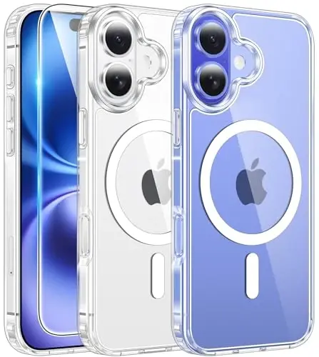 FNTCASE for iPhone 16 Plus Case: Clear Case Magnetic Military Grade Drop Protection Anti Yellowing Cell Phone Cover - Rugged Shockproof Protective Bumper Transparent Cases(Clear) 