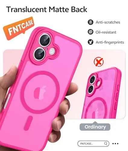 FNTCASE for iPhone 16 Plus Case: [Compatible with Magsafe] Translucent Matte Cases with [Full Camera Protection] [Screen Protector] Military Grade Shockproof Protective Phone Cover - Hot Pink 