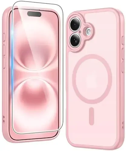 FNTCASE for iPhone 16 Plus Case: Matte Magnetic Phone Cases with Screen Protector Compatible with Magsafe Slim Anti Yellowing Rugged Shockproof Protective Translucent Cell Phone Cover (C-Pink) - FNTCASE