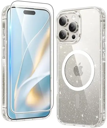 FNTCASE for iPhone 16 Pro Case: Clear Magnetic Phone Cases Compatible with Magsafe Slim Anti Yellowing Military Grade Drop Protection Rugged Protective Transparent Cell Cover (B-Glitter Magnetic) 