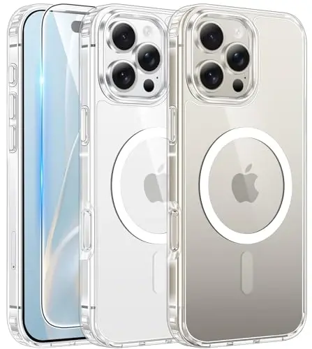 FNTCASE for iPhone 16 Pro Case: Clear Magnetic Phone Cases with Screen Protector Slim Anti Yellowing Rugged Shockproof Protective Transparent Cell Phone Cover (A-Clear) - FNTCASE
