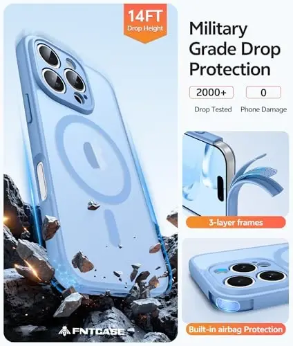 FNTCASE for iPhone 16 Pro Case: [Compatible with Magsafe] Translucent Matte Cases with [Full Camera Protection] [Screen Protector] Military Grade Shockproof Protective Phone Cover - Light Blue - 5
