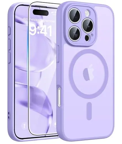 FNTCASE for iPhone 16 Pro Case: [Compatible with Magsafe] Translucent Matte Cases with [Full Camera Protection] [Screen Protector] Military Grade Shockproof Protective Phone Cover - Light Purple - 1