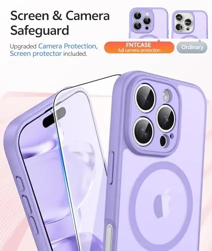 FNTCASE for iPhone 16 Pro Case: [Compatible with Magsafe] Translucent Matte Cases with [Full Camera Protection] [Screen Protector] Military Grade Shockproof Protective Phone Cover - Light Purple - 4