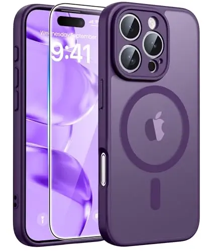 FNTCASE for iPhone 16 Pro Case: [Compatible with Magsafe] Translucent Matte Cases with [Full Camera Protection] [Screen Protector] Military Grade Shockproof Protective Phone Cover - Purple - 1