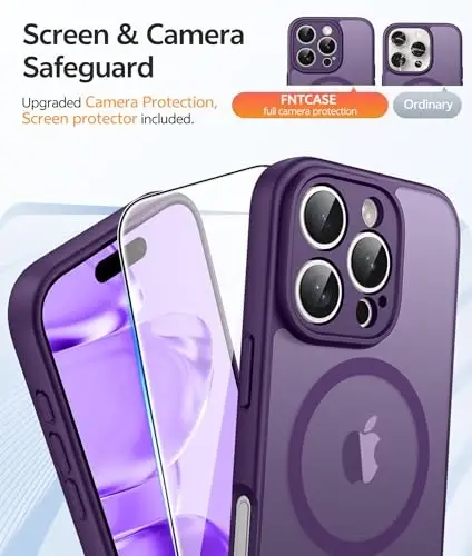 FNTCASE for iPhone 16 Pro Case: [Compatible with Magsafe] Translucent Matte Cases with [Full Camera Protection] [Screen Protector] Military Grade Shockproof Protective Phone Cover - Purple - 4