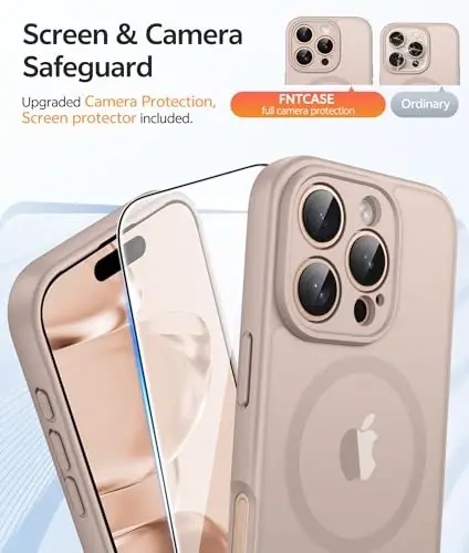 FNTCASE for iPhone 16 Pro Case: [Magsafe bilan mos keladi] [To'liq kamera muhofazasi] [Ekran himoyasi] bilan yarim shaffof mat qutilar harbiy darajadagi zarbaga chidamli himoya telefon qopqog'i - Cho'l Oltini - 4