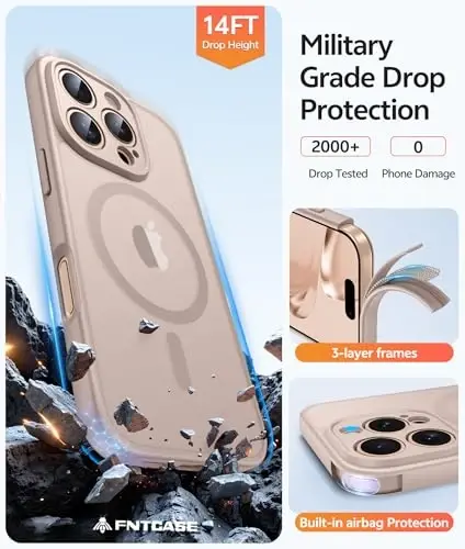 FNTCASE for iPhone 16 Pro Case: [Magsafe bilan mos keladi] [To'liq kamera muhofazasi] [Ekran himoyasi] bilan yarim shaffof mat qutilar harbiy darajadagi zarbaga chidamli himoya telefon qopqog'i - Cho'l Oltini - 5