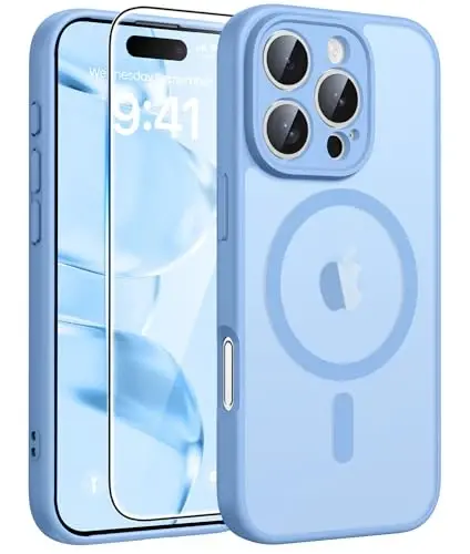 FNTCASE for iPhone 16 Pro Case: [Magsafe bilan mos keladi] [To'liq kamera muhofazasi] [Ekran himoyasi] bilan yarim shaffof mat qutilar harbiy darajadagi zarbaga chidamli himoya telefon qopqog'i - och ko'k 