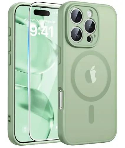 FNTCASE for iPhone 16 Pro Case: [Magsafe bilan mos keladi] [To'liq kamerani himoya qilish] va [Ekran himoyachisi] bilan shaffof mat qoplami Harbiy darajadagi zarbaga chidamli himoya telefon qopqog'i - Och yashil mox 