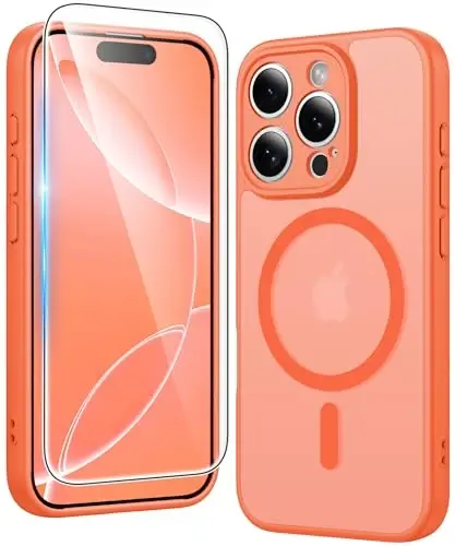 FNTCASE for iPhone 16 Pro Case: Matte Magnetic Phone Cases with Screen Protector Compatible with Magsafe Slim Anti Yellowing Rugged Shockproof Protective Translucent Cell Phone Cover (C-Orange) - 1