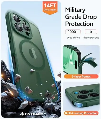 FNTCASE for iPhone 16 Pro Ğilof: [Magsafe bilan mos keladi] [To‘liq kamera himoyasi] [Ekran himoyasi] harbiy darajadagi zarbaga chidamli himoya telefon qoplami - Yashil - 5