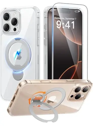 FNTCASE for iPhone 16 Pro-Max Case: [360 Spin Magnetic Stand] [Compatible with Magsafe] [Screen Protector] Clear Magnetic Phone Cases Anti Yellowing Shockproof Protective Phone Cover - Clear 