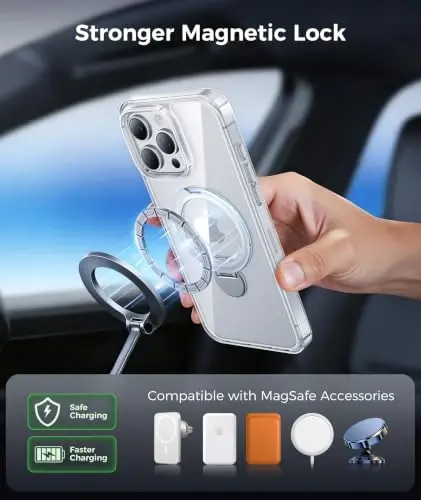 FNTCASE for iPhone 16 Pro-Max Case: [360 Spin Magnetic Stand] [Compatible with Magsafe] [Screen Protector] Clear Magnetic Phone Cases Anti Yellowing Shockproof Protective Phone Cover - Clear - 5