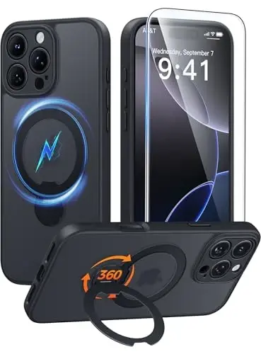 FNTCASE for iPhone 16 Pro-Max Case: [360 Spin Magnetic Stand] [Compatible with Magsafe] [Screen Protector] Translucent Matte Military Grade Shockproof Full Camera Protective Phone Cover - Black 