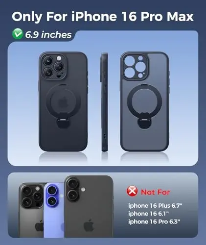 FNTCASE for iPhone 16 Pro-Max Case: [360 Spin Magnetic Stand] [Compatible with Magsafe] [Screen Protector] Translucent Matte Military Grade Shockproof Full Camera Protective Phone Cover - Black - 2