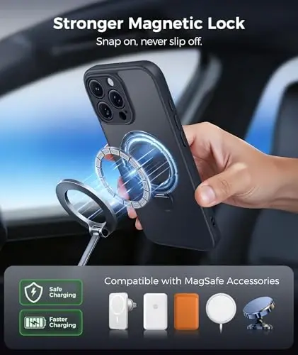 FNTCASE for iPhone 16 Pro-Max Case: [360 Spin Magnetic Stand] [Compatible with Magsafe] [Screen Protector] Translucent Matte Military Grade Shockproof Full Camera Protective Phone Cover - Black - 5