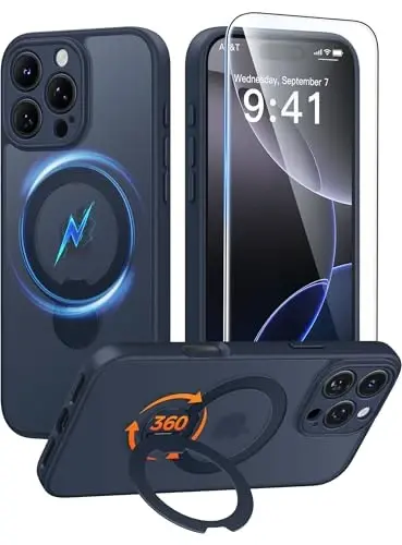 FNTCASE for iPhone 16 Pro-Max Case: [360 Spin Magnetic Stand] [Compatible with Magsafe] [Screen Protector] Translucent Matte Military Grade Shockproof Full Camera Protective Phone Cover - Deep Blue 
