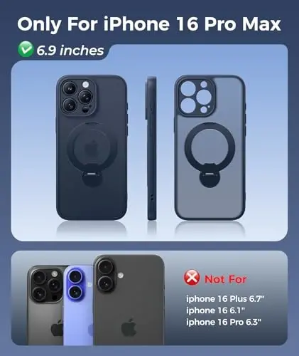 FNTCASE for iPhone 16 Pro-Max Case: [360 Spin Magnetic Stand] [Compatible with Magsafe] [Screen Protector] Translucent Matte Military Grade Shockproof Full Camera Protective Phone Cover - Deep Blue - 2