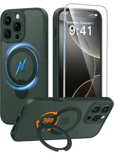 FNTCASE for iPhone 16 Pro-Max Case: [360 Spin Magnetic Stand] [Compatible with Magsafe] [Screen Protector] Translucent Matte Military Grade Shockproof Full Camera Protective Phone Cover - Green 