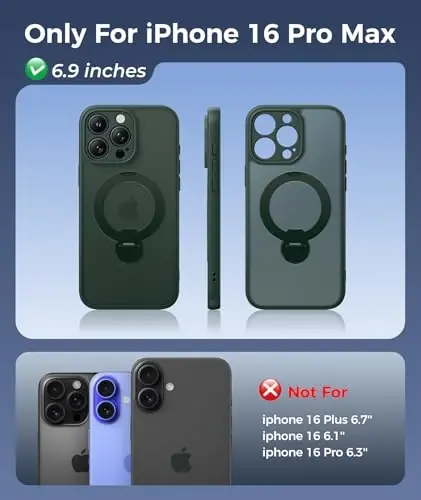 FNTCASE for iPhone 16 Pro-Max Case: [360 Spin Magnetic Stand] [Compatible with Magsafe] [Screen Protector] Translucent Matte Military Grade Shockproof Full Camera Protective Phone Cover - Green - 2