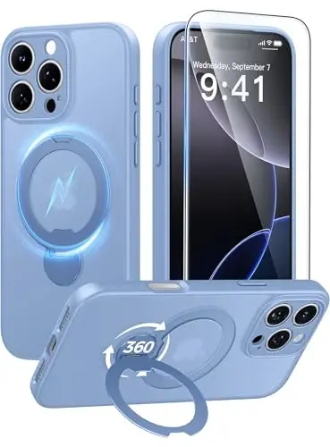 FNTCASE for iPhone 16 Pro-Max Case: [360 Spin Magnetic Stand] [Compatible with Magsafe] [Screen Protector] Translucent Matte Military Grade Shockproof Full Camera Protective Phone Cover - Light Blue - FNTCASE