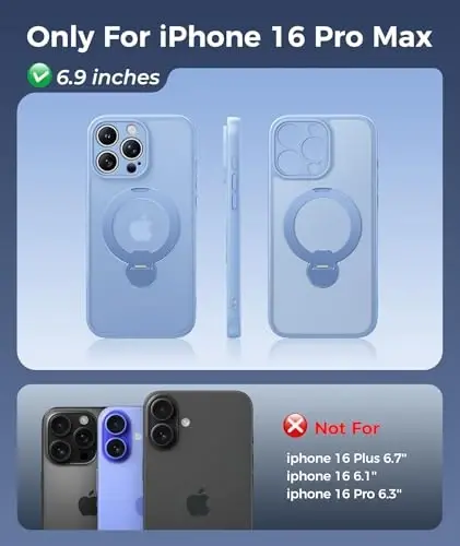 FNTCASE for iPhone 16 Pro-Max Case: [360 Spin Magnetic Stand] [Compatible with Magsafe] [Screen Protector] Translucent Matte Military Grade Shockproof Full Camera Protective Phone Cover - Light Blue - 2