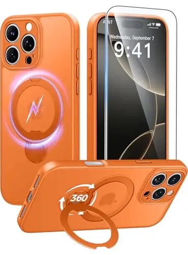 FNTCASE for iPhone 16 Pro-Max Case: [360 Spin Magnetic Stand] [Compatible with Magsafe] [Screen Protector] Translucent Matte Military Grade Shockproof Full Camera Protective Phone Cover - Orange - FNTCASE