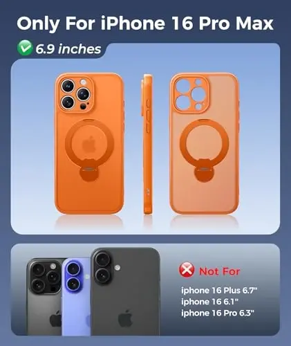 FNTCASE for iPhone 16 Pro-Max Case: [360 Spin Magnetic Stand] [Compatible with Magsafe] [Screen Protector] Translucent Matte Military Grade Shockproof Full Camera Protective Phone Cover - Orange - 2