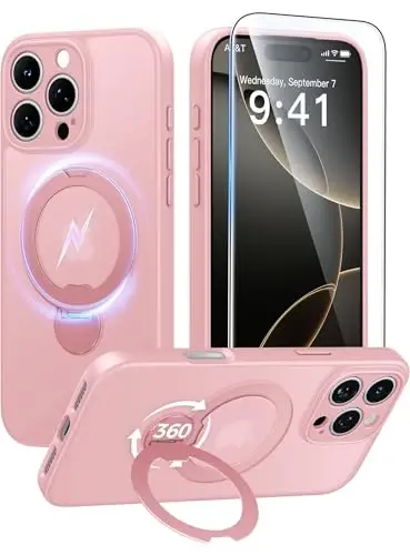 FNTCASE for iPhone 16 Pro-Max Case: [360 Spin Magnetic Stand] [Compatible with Magsafe] [Screen Protector] Translucent Matte Military Grade Shockproof Full Camera Protective Phone Cover - Pink - 1